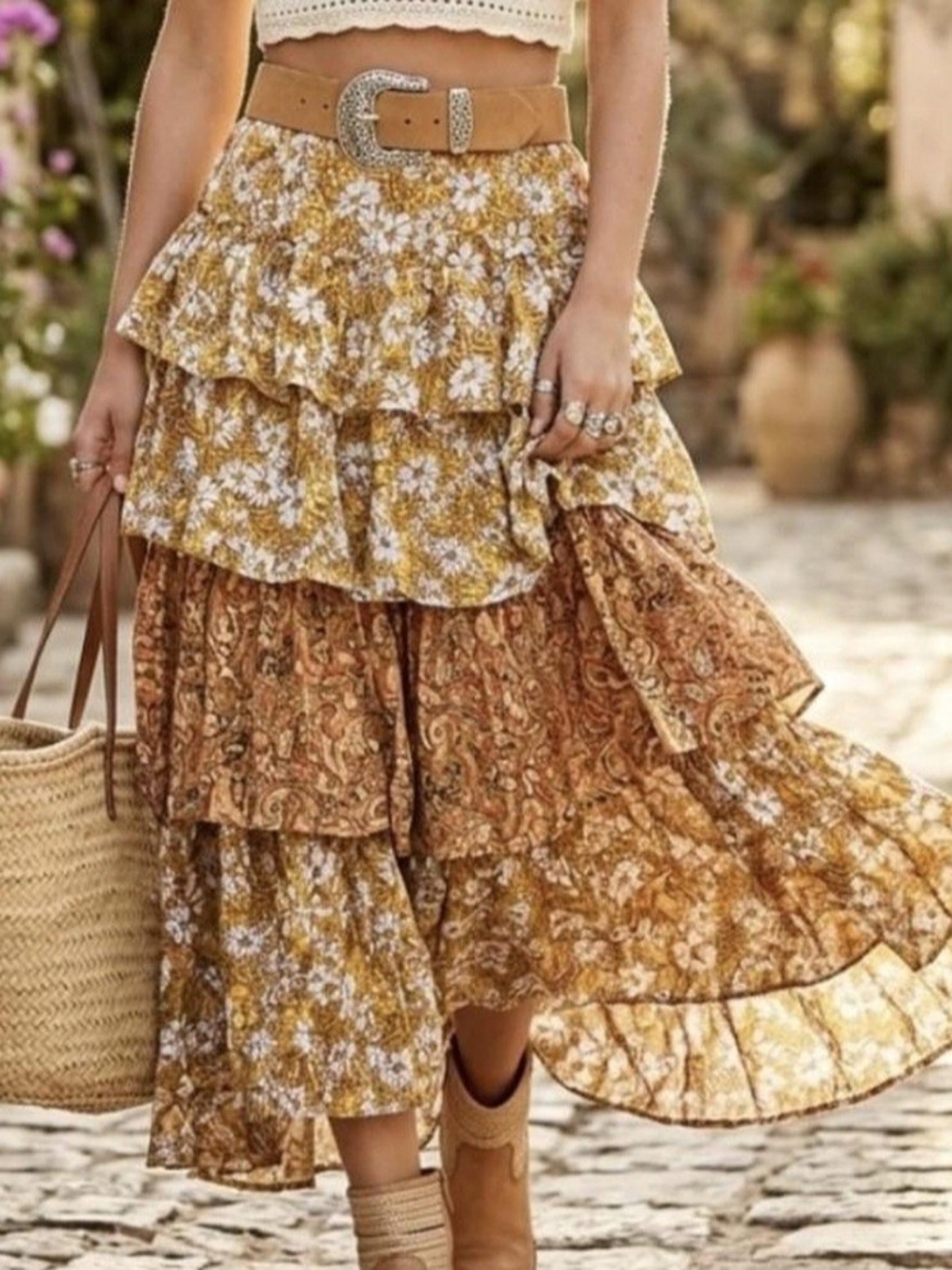Blue Velvet  Boho Tiered Floral Maxi Skirt in Mustard and Brown